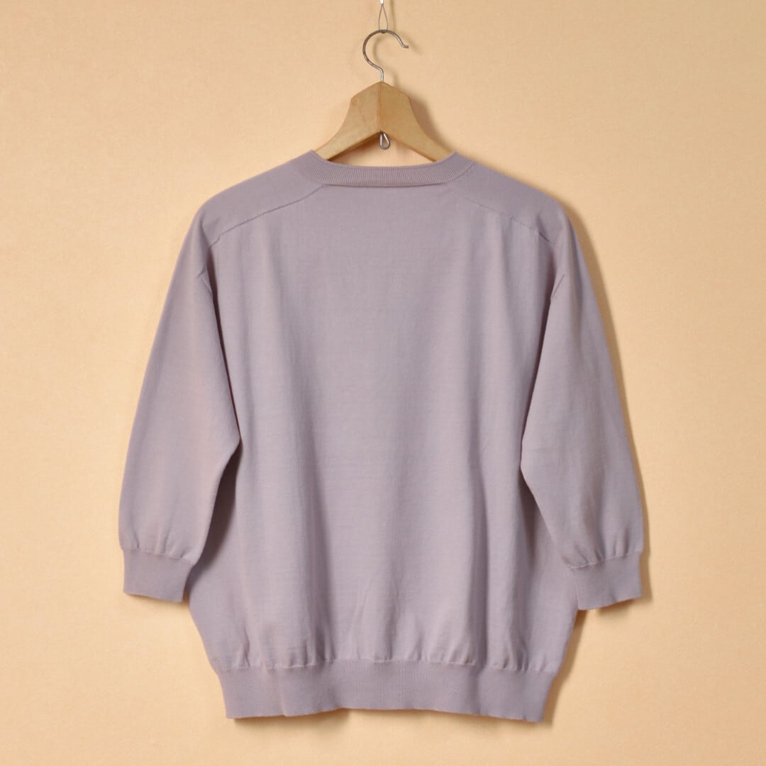 LinenYa リネンや クルーネック7分袖コットンニット・ピンクグレイ 柔らかく着心地の良いリンキングニットです