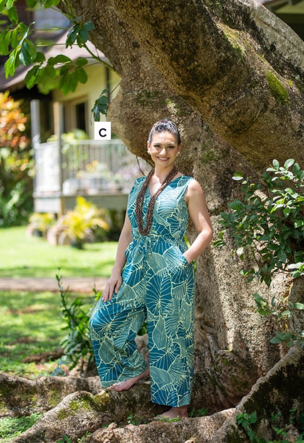 New カシュクールパンツ トリプルリーフ柄 マラカイトグリーン×ペールイエロー