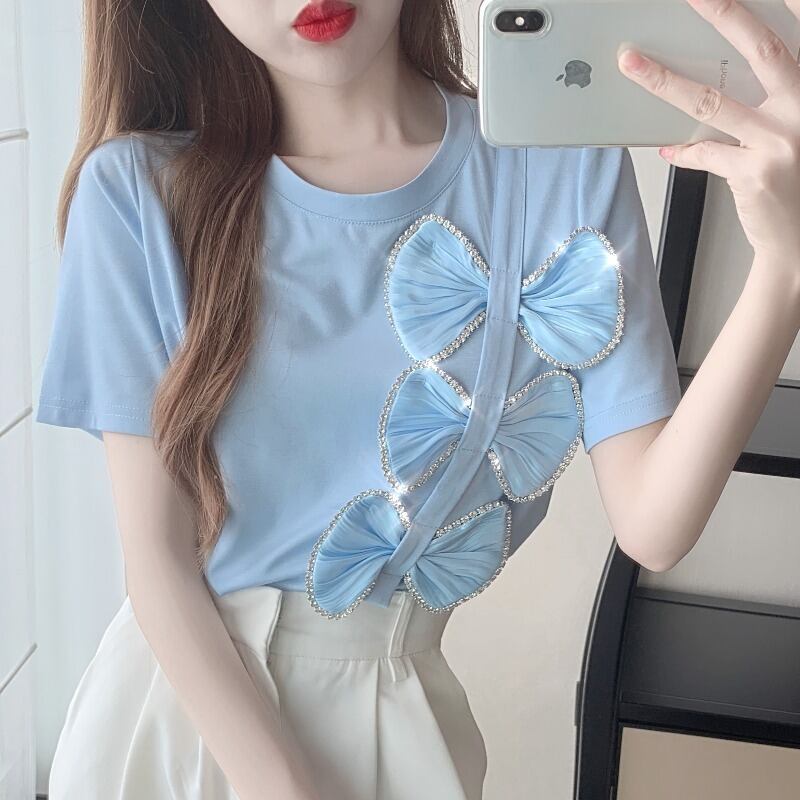 サマースタイルラウンドネック半袖スリーブスリムリボンブラウス レディース ショート ハーフスリーブ 夏物 Oネック ハンチェンe68035736516