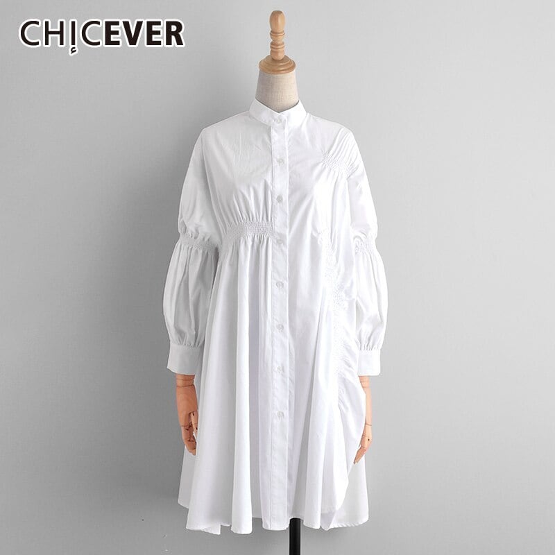 CHICEVERドレス女性スタンドCiollarパフ長袖シャーリングルース非対称裾スプリットドレス2021服 ロング 6base597969954406