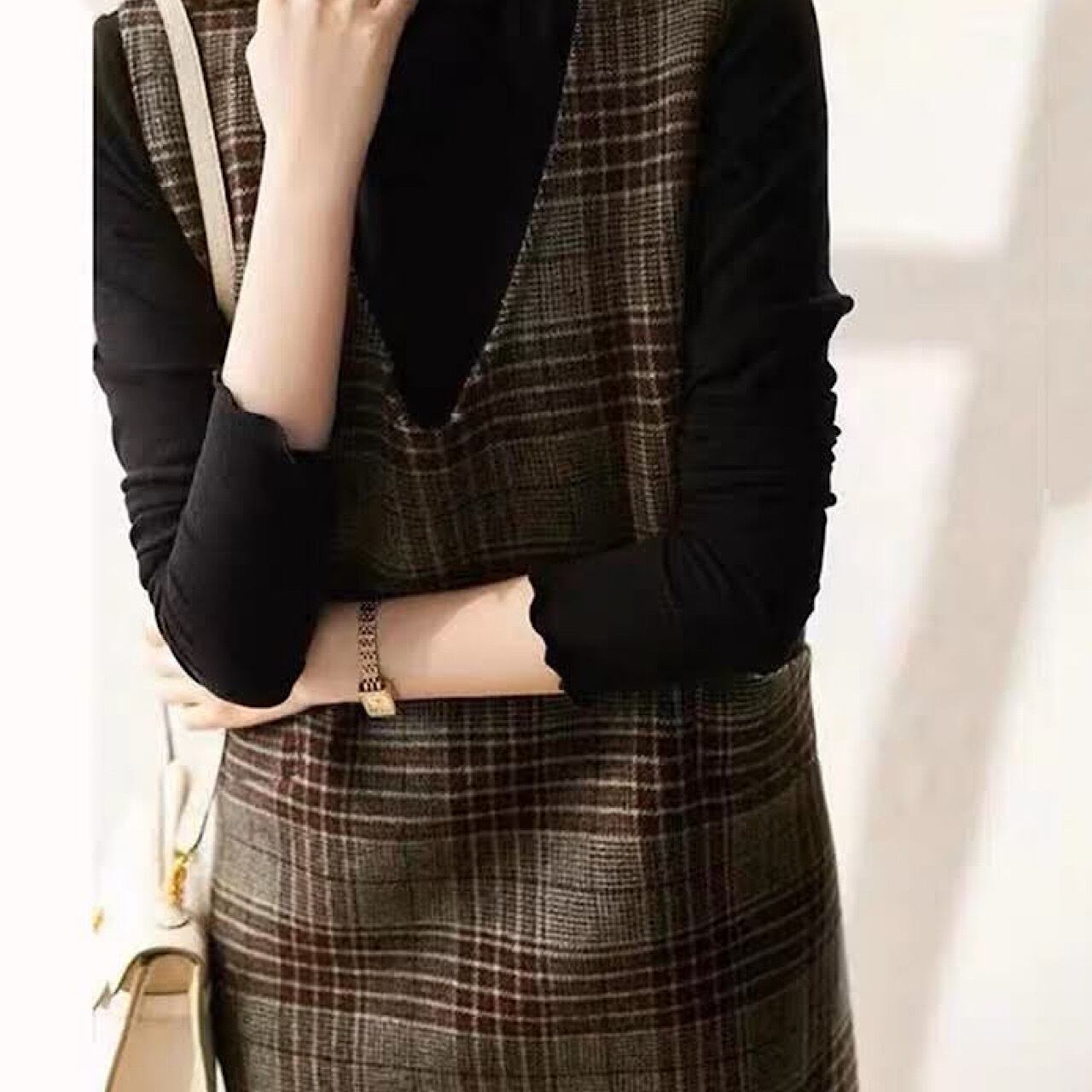 ベスト Vネック ロングスカート ドレス レディース 韓国系 格子 v ネック ノースリーブ ストレートドレス 薄い ベスト