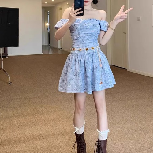 フラワーチェックオフショルワンピ ・70069