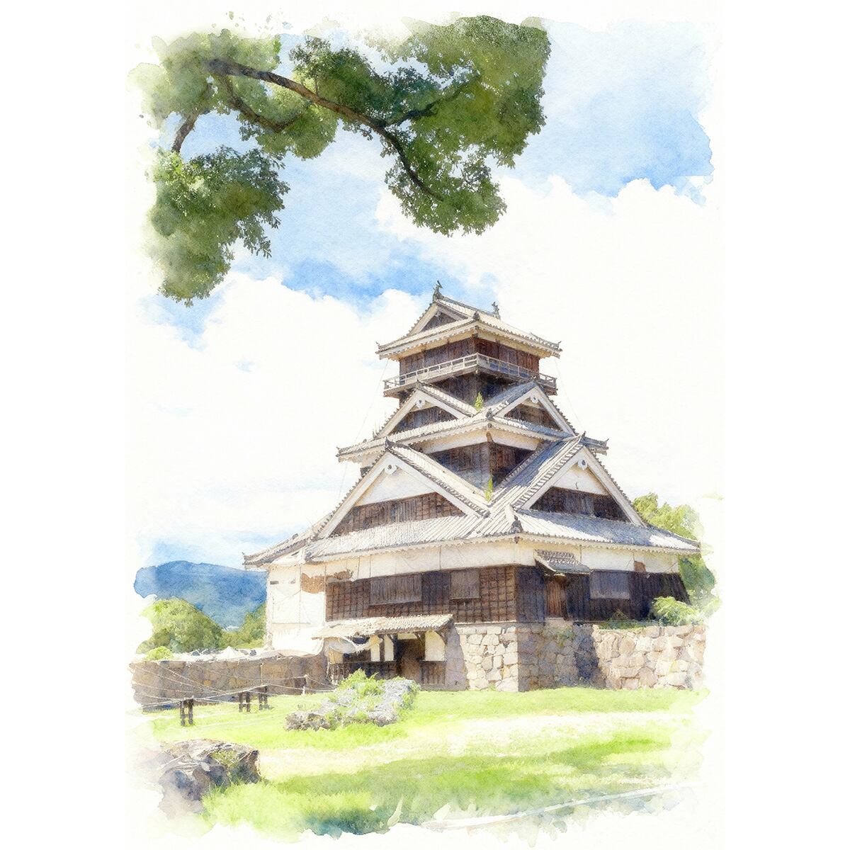 絵画 風景画 日本の城 熊本県熊本城 インテリアアート額付き 水彩画