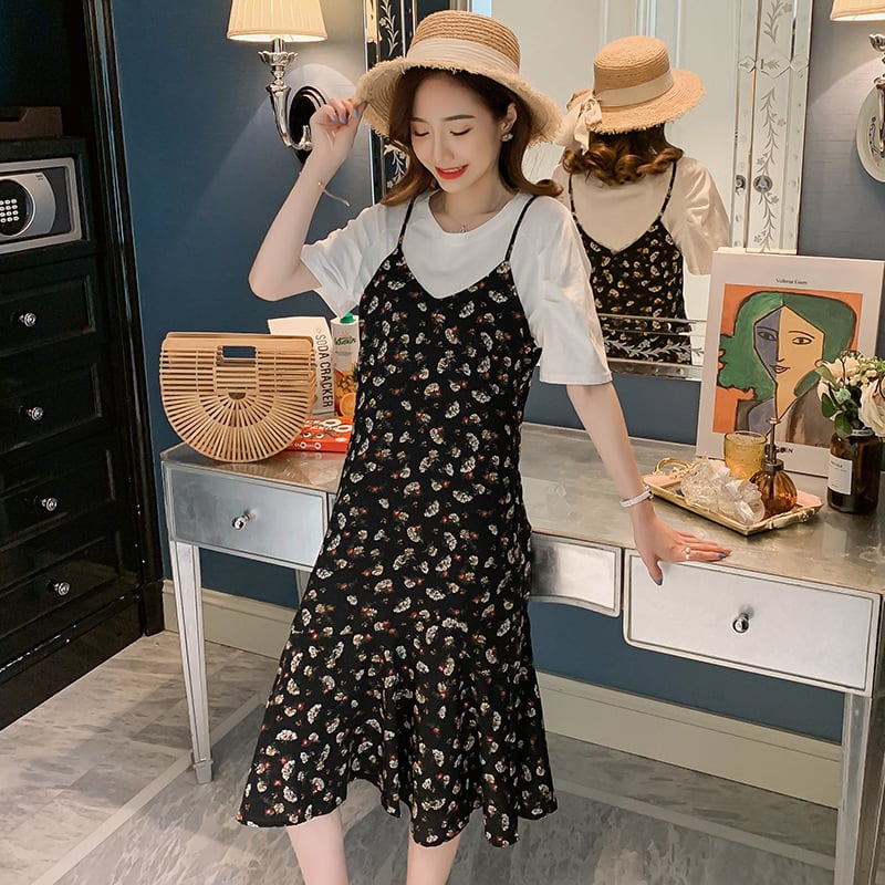 【新作】【送料無料】 マタニティウェア2020夏ニューエイジ-シフォンフローラルミドル丈サスペンダースカート+ Tシャツ妊娠中ツーピースセット-アリババ サマー 夏物 花柄 expec237817491413