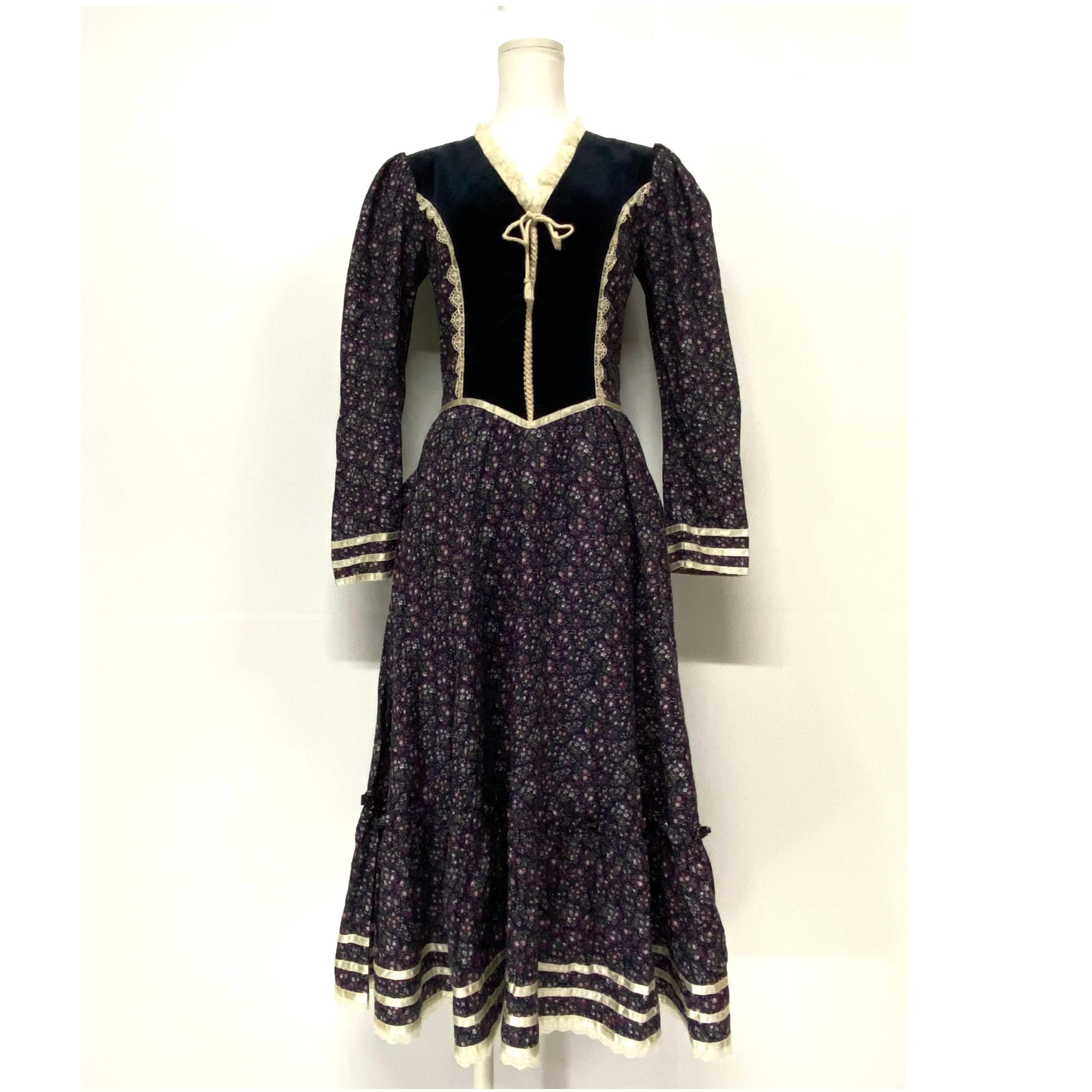 70年代 ガンネサックス GUNNE SAX 花柄 パフスリーブ 長袖 フレア ワンピース レディースS ヴィンテージ /evb002305