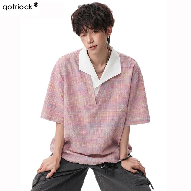 【WSシリーズ】★POLOシャツ★ 2color トップス 半袖 ユニセックス フェイクレイヤード チェック柄 ピンク ネイビー