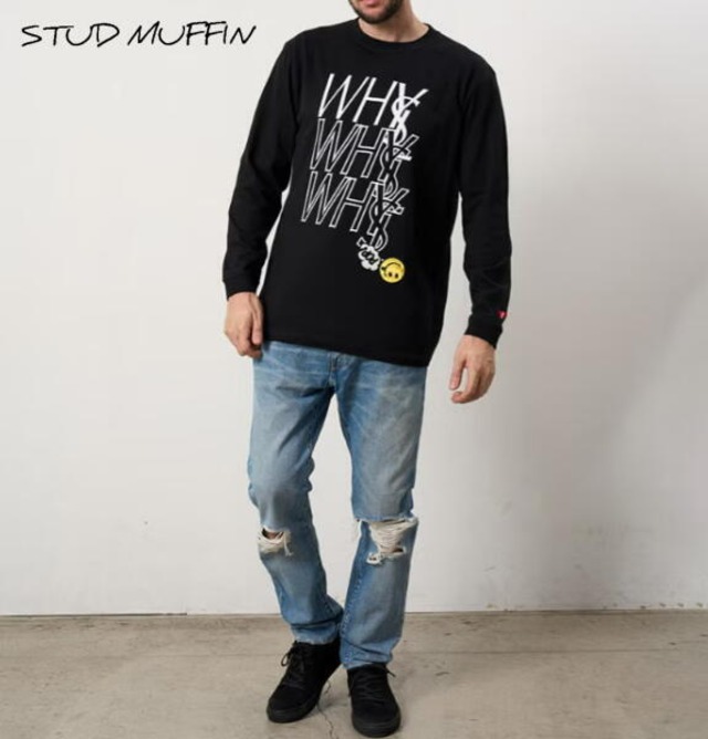 STUD MUFFIN スタッドマフィン ロンT コットン天竺 WHYSL サガラパッチワーク 長袖 Tシャツ カットソー メンズ トップス ブラック 624-02906