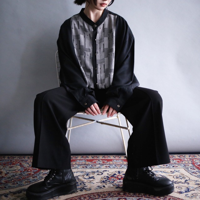 switching design half fly front over size band-collar shirt