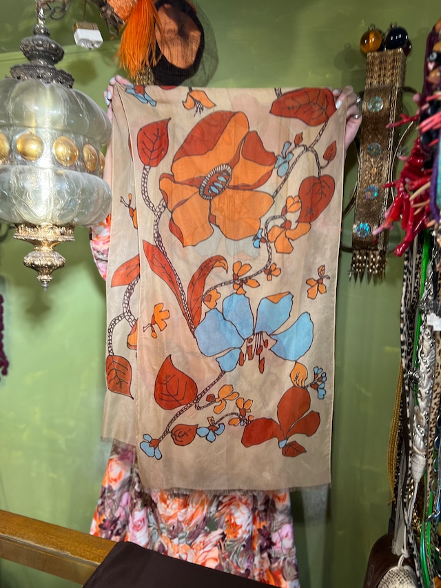 70s beige × orange turquoise floral scarf ( ヴィンテージ ベージュ × オレンジ ターコイズ 花柄 スカーフ )