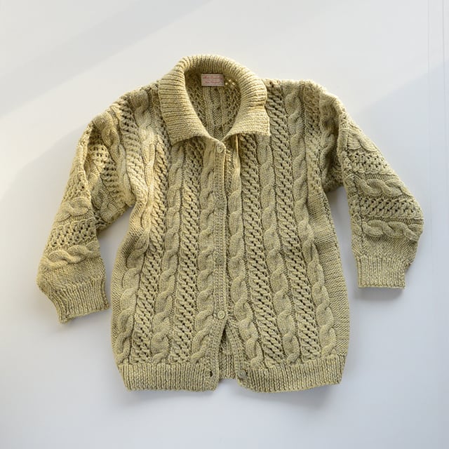 70s ケーブル編み 襟付き ローゲージ ニット カーディガン オリーブ