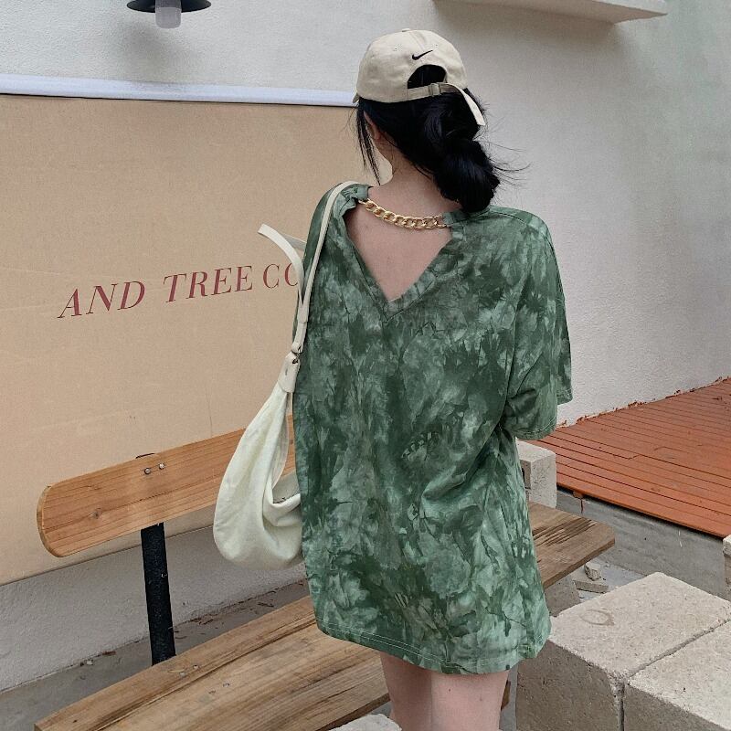 Tシャツ サマースタイルバックチェーン ロングトップス 夏物 ハンチェンe84782461370