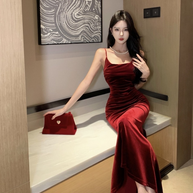 Lady's coco ロングドレス キャバドレス セクシー フレンチヴィンテージ風 ベロア キャミワンピース ボディコン マーメイドドレス スリムシルエット 背中あき 結婚式 二次会 披露宴 パーティー 上品 LW2-CD2-761-75830450