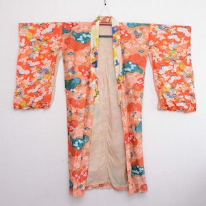 アンティーク着物 襦袢 クレイジーパターン 鶴 卍崩し ジャパンヴィンテージ  昭和 | Kimono Robe Long Juban Crazy Pattern Japan Vintage Crane etc
