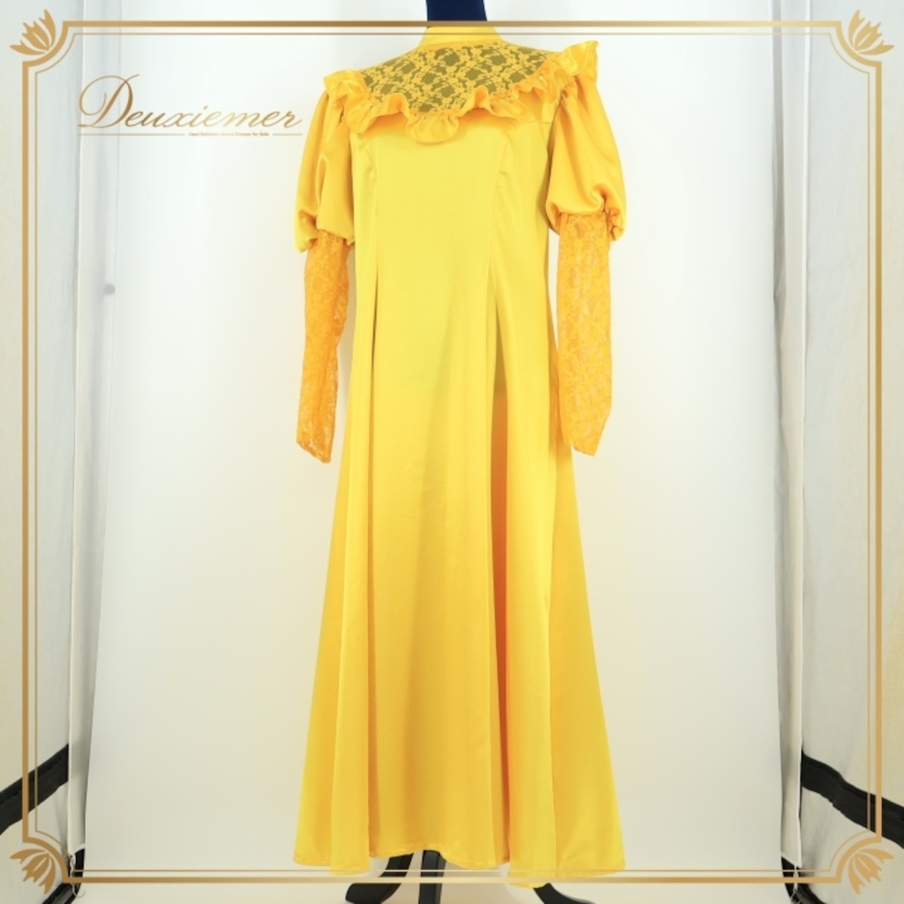 フラダンス 衣装 ワンピース ドレス イエロー系 CC Fashions 黄 フラ ダンス レース 花柄 光沢 高級感 上品 鮮やか ハワイアン アロハ 華やか ハワイ製 長袖