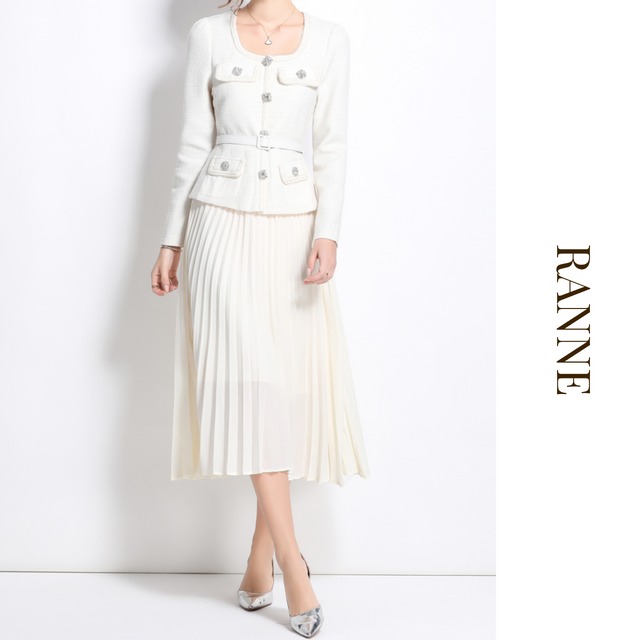Elegant Pleats Dress – Ivory　a0014
