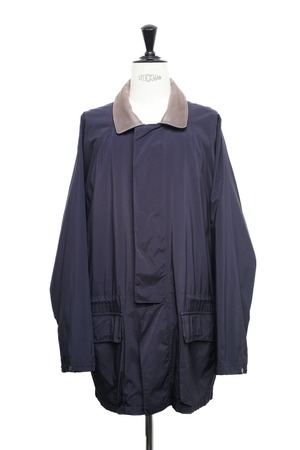 90's "Loro Piana" Leather Collar Nylon One Panel Sleeve Balmacaan Half Coat