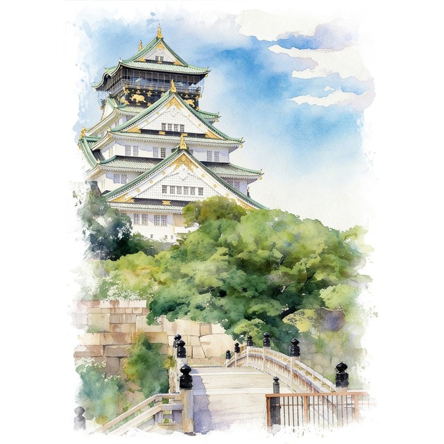 絵画 風景画 日本の城 大阪城 インテリアアート額付き 水彩画・油絵風 WAT0986