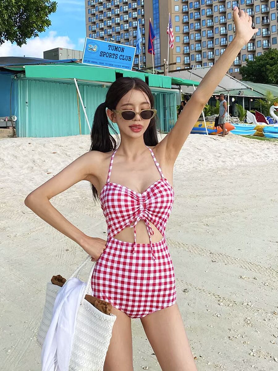 新品：PEAK&PINE ギンガムチェックオフショルダーワンピ見えビキニ ギンガムチェックオフショルダーワンピ見えビキニ PEAK&PINE ギンガム