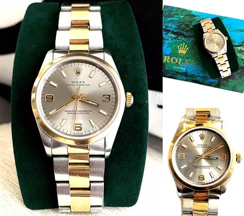 ROLEX　ロレックス　オイスター パーペチュアル　K18YG　グレー グラデーション　14203　1995年　自動巻き メンズ コンビ 時計
