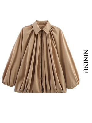 gathered pleats volume flare blouse 4color【NINE9747】