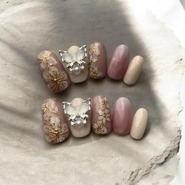 フラワーバタフライネイルチップ / 上品ニュアンス×3Dパーツ #ncs028_003