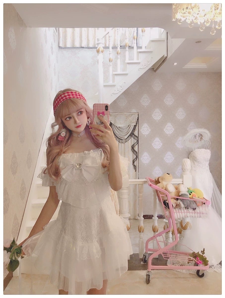 白 ワンピース フリフリ ガーリー ロリータ 原宿 姫 ホワイト リボン
