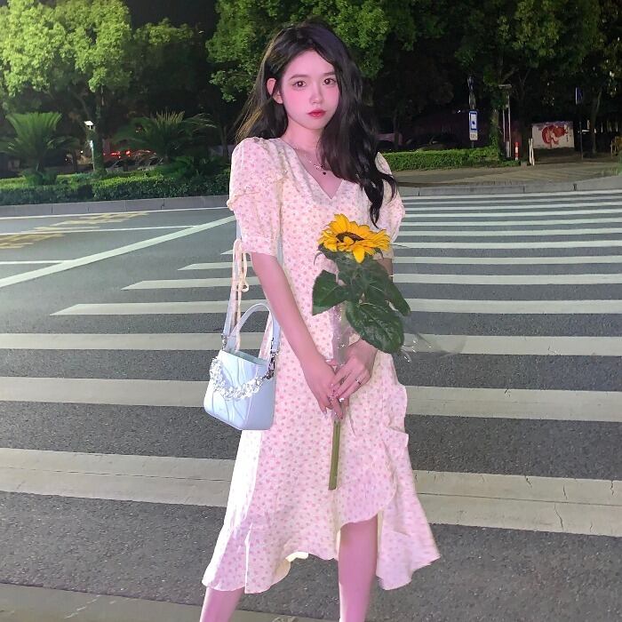 スタイルイエローフローラルドレス サマー 大人ガーリー スウィート キュート カジュアル 夏物 花柄 ドラファッションホール98857029783