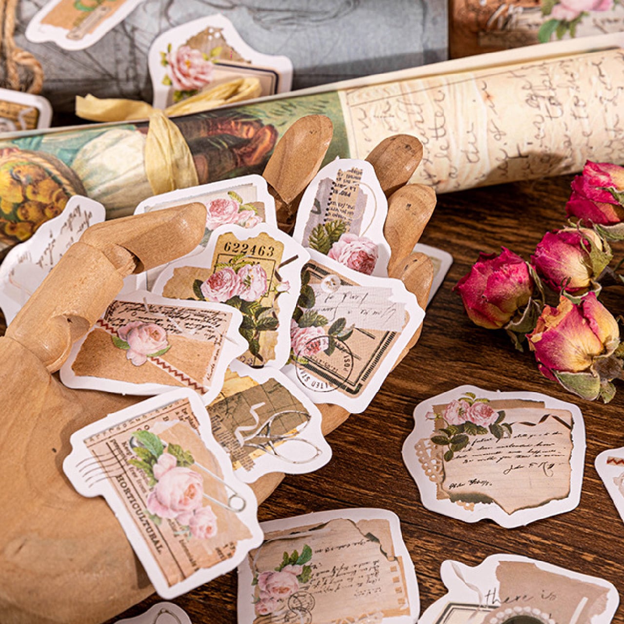 アンティーク 薔薇のポストカード柄フレークシール