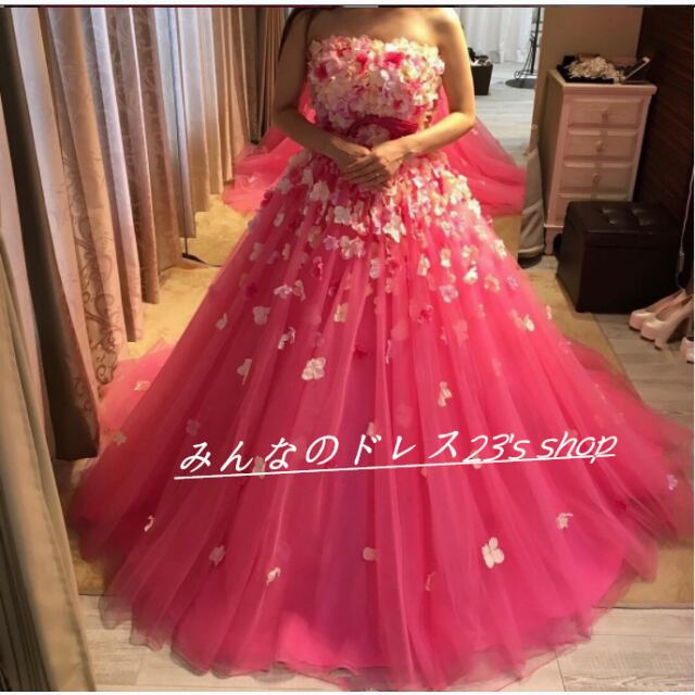 高品質！ カラードレス ローズピンク 花びら付き ベアトップ  