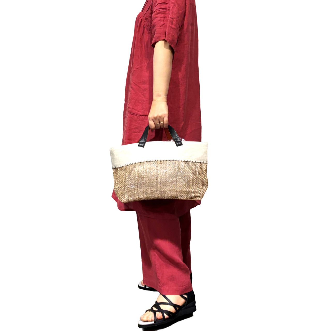 【EC限定販売】麻使用 雑材トートバッグ【252-0411】Linen and other material tote bag