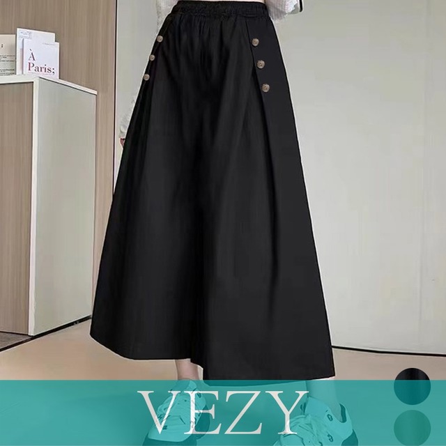ワイドパンツ ハイウエストガウチョパンツ ウエストゴム スカーチョ サイド飾りボタン付き スカンツ ゆったり ボトムス カジュアル ワイドガウチョ ボトムス VEZY ベジー  ItemNo.【21363712】