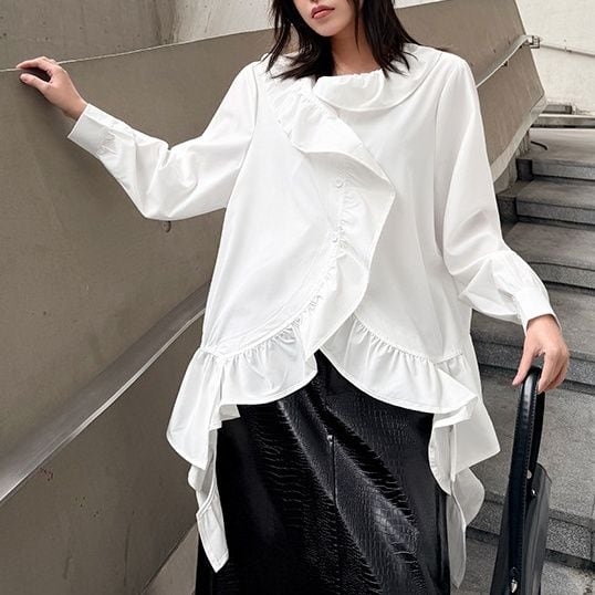 SOLID FRILL TRIMMED LONG SLEEVES SHIRT BLOUSE 2colors M-16093