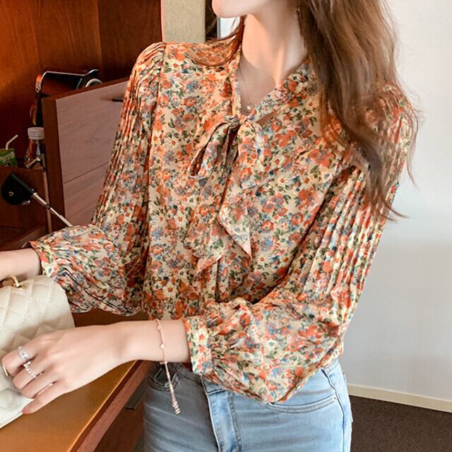 S/M/L/XL レディース ブラウス フラワー 花柄 リボンタイ シフォンシャツ 長袖 フローラルトップス 春 オレンジ