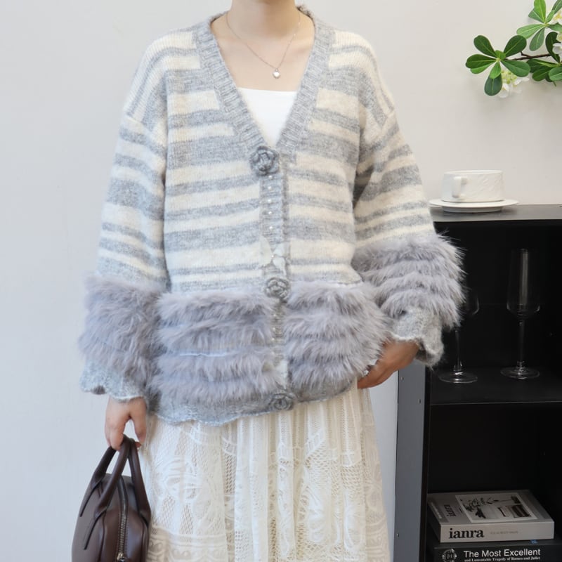 【outer】ファー付きカーディガン Q6696