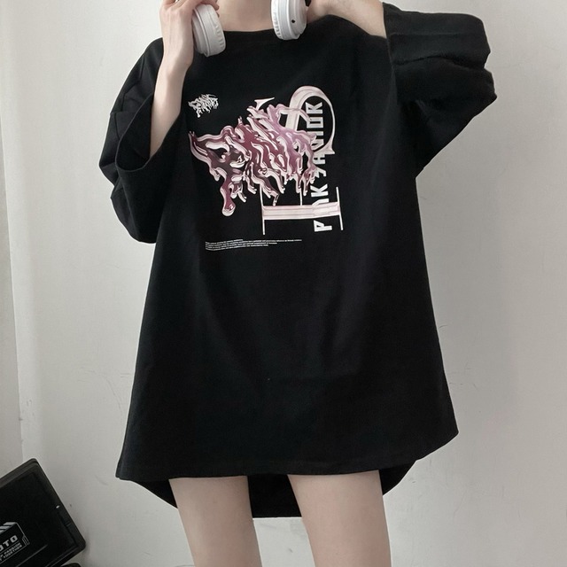 ロリータファッション通販 SEASONZ Pinksavior オーバーサイズ 7分袖 Tシャツ ゆったり メカニカルハート プリント柄 JK 病みかわいい 地雷系 原宿系 ロマンティック ゆめかわ ロリータファッション lolita