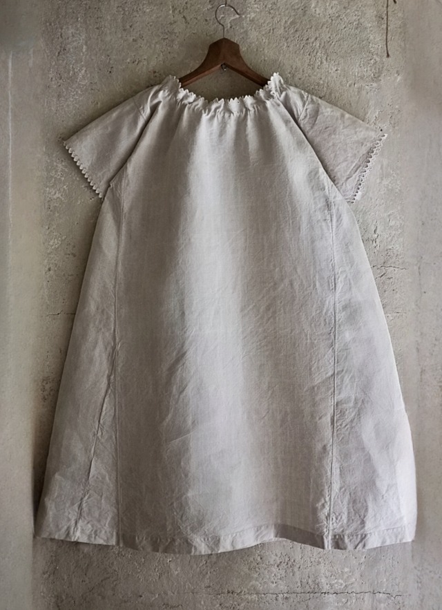 フランス 1900s リネン 灰色サーカスとピエロギャザーワンピースb アンティーク