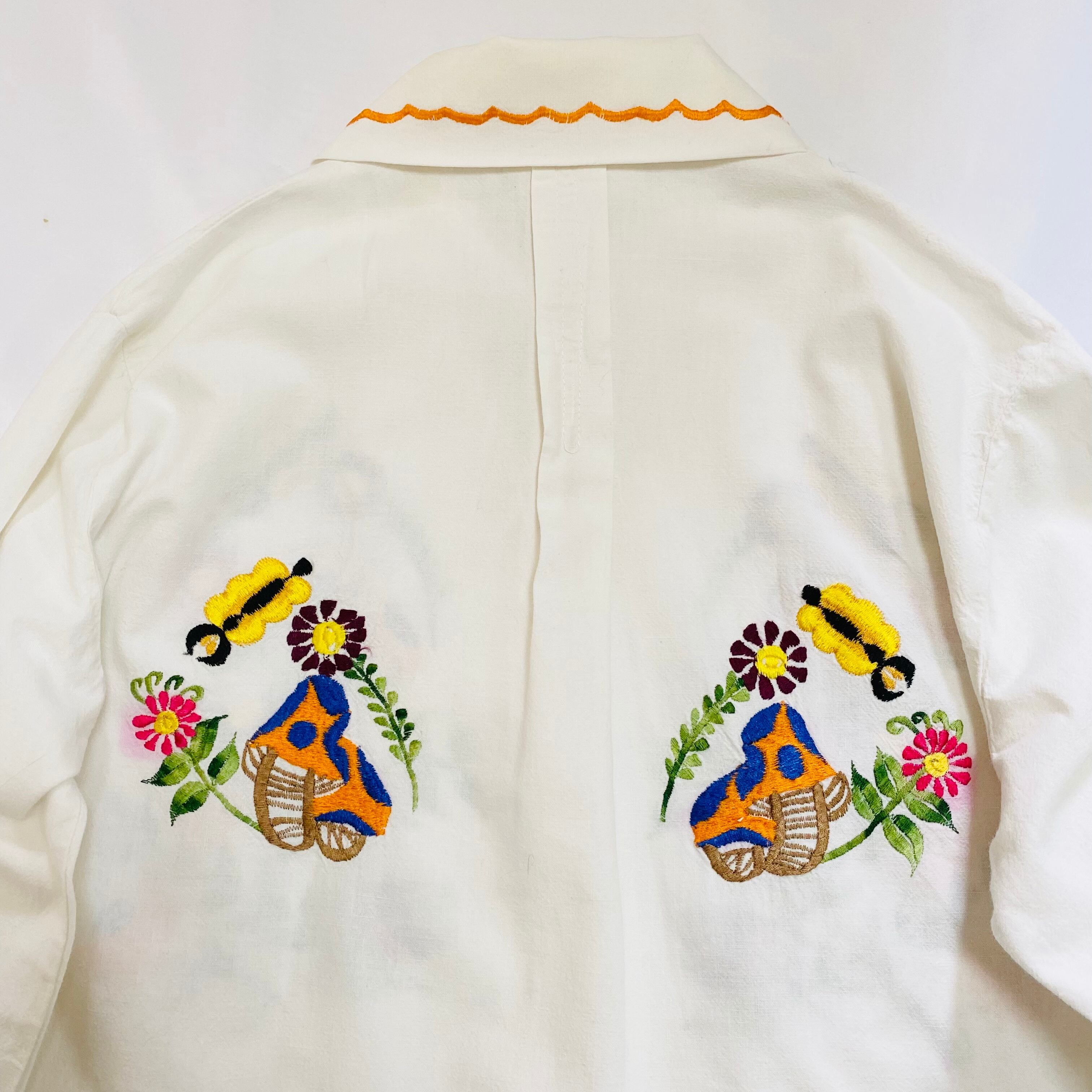 Mexico vintage embroidery shirt ／古着 キノコの花 刺繍 シャツ