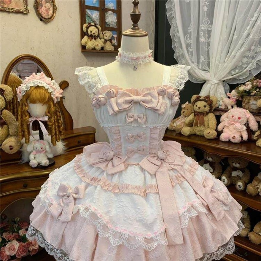 ロリータファッション 甘ロリ ピンクレースリボンワンピース