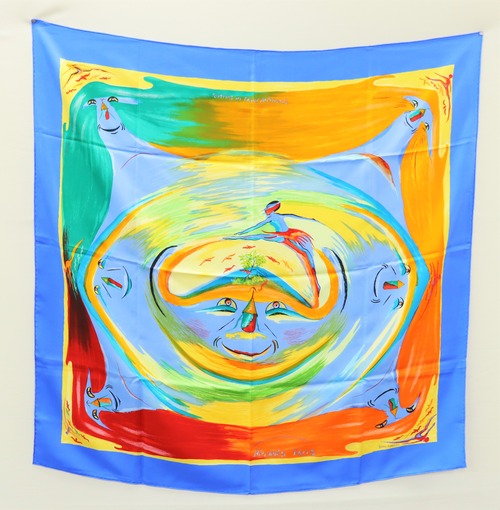 未使用品　HERMES エルメス　カレ90　Smiles in Third millenary　三千年紀の微笑　シルクスカーフ　大判ショール　青 23-1156
