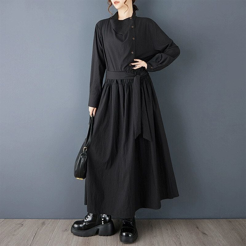 SOLID HIGH NECK A-LINE LONG DESIGN SHIRT DRESS 2colors M-15052