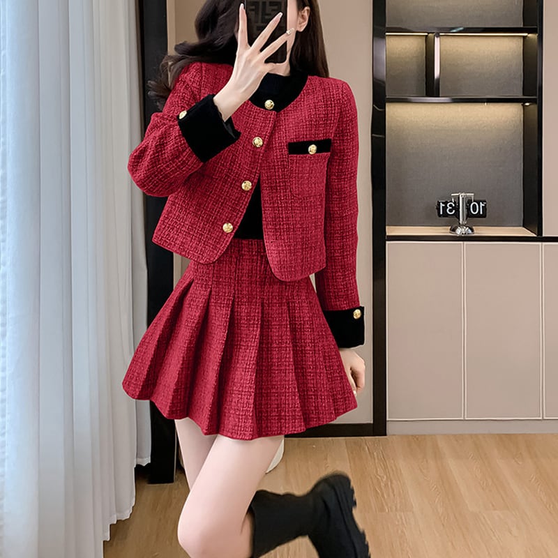 【set】3色展開コート×プリーツスカートセット Q7686