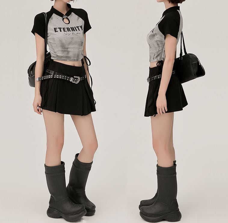 Tシャツ カットアウト ラグランスリーブ クロップド丈 スリムフィット