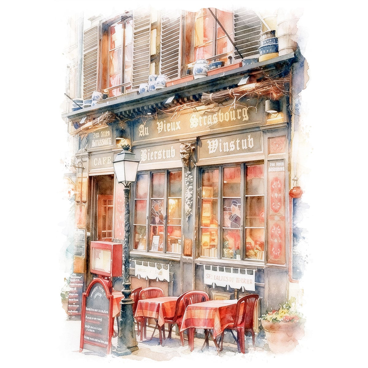絵画 風景画(街並み) フランス ストラスブールのとあるアルザス料理店