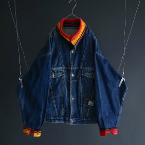 90s' over silhouette color rib switching design indigo denim jacket