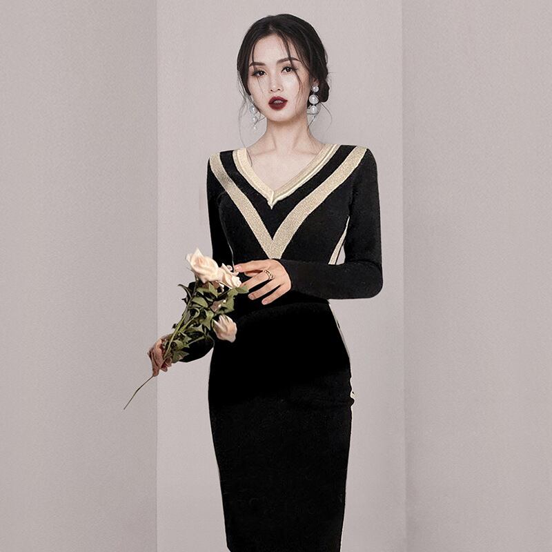 【新作】【送料無料】 2024秋冬新スタイル日本と韓国スタイルのファッショナブルな配色Vネックスレンダースリーブとヒップカバーニットドレス7858 0166775826004