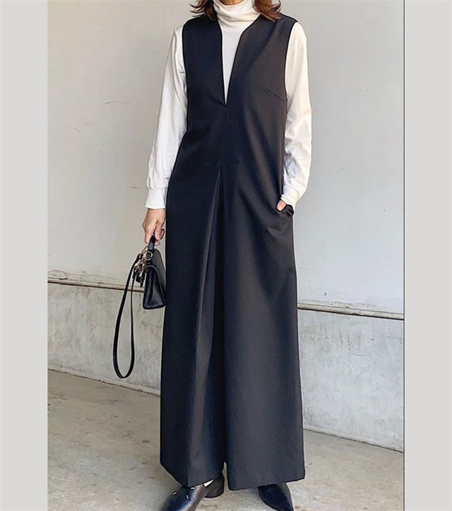 ロング丈 Vネック オールインワン