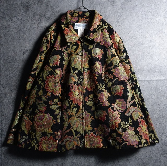 Black Flower Pattern Design Gobelin Zip Jacket