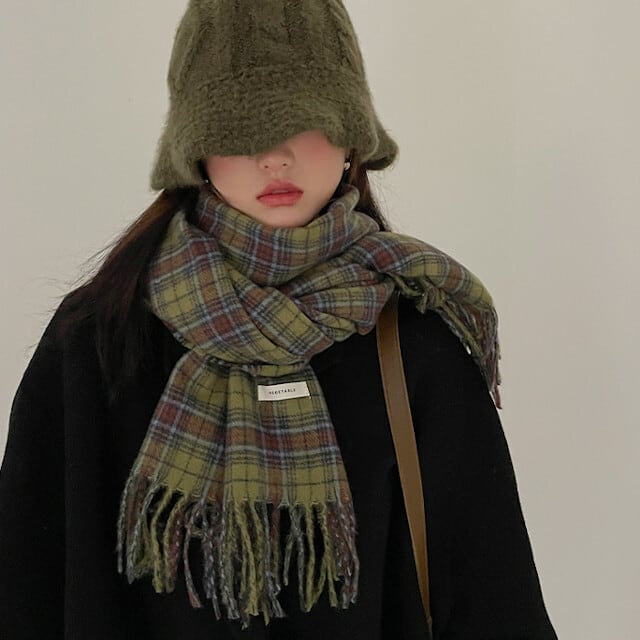 ストール マフラー レディース ショール チェック柄 秋冬 防寒 あたたかい おしゃれ かわいい 大人 大ぶり 大判 カジュアル クラシック グリーン