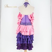 社交ダンス 衣装 ラテン ワンピース ドレス ピンク系 フリル 光沢 華やか アーム アームカバー チョーカー ラインストーン 装飾 キラキラ かわいい ダンス衣装 イベント ステージ パーティー ダンスパーティー おしゃれ