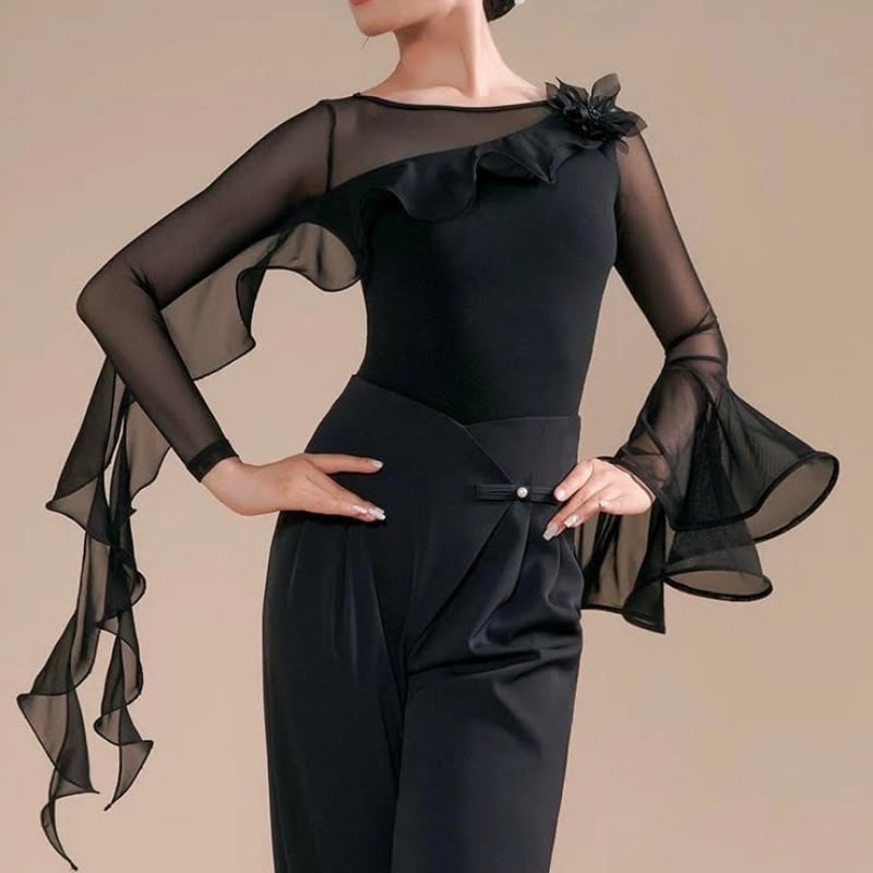 フリルネック アシンメトリー メッシュ ダンストップス 3col D00632